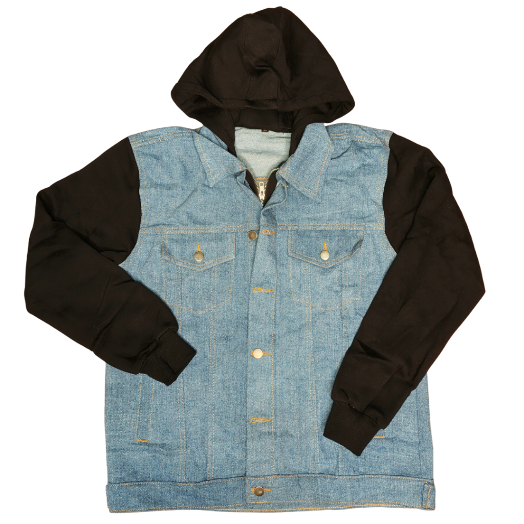 Prudels Jaket Denim Hoodie Pria Official Series - Jaket Jeans Lengan Hitam Fleece - Hoodie Denim Dis