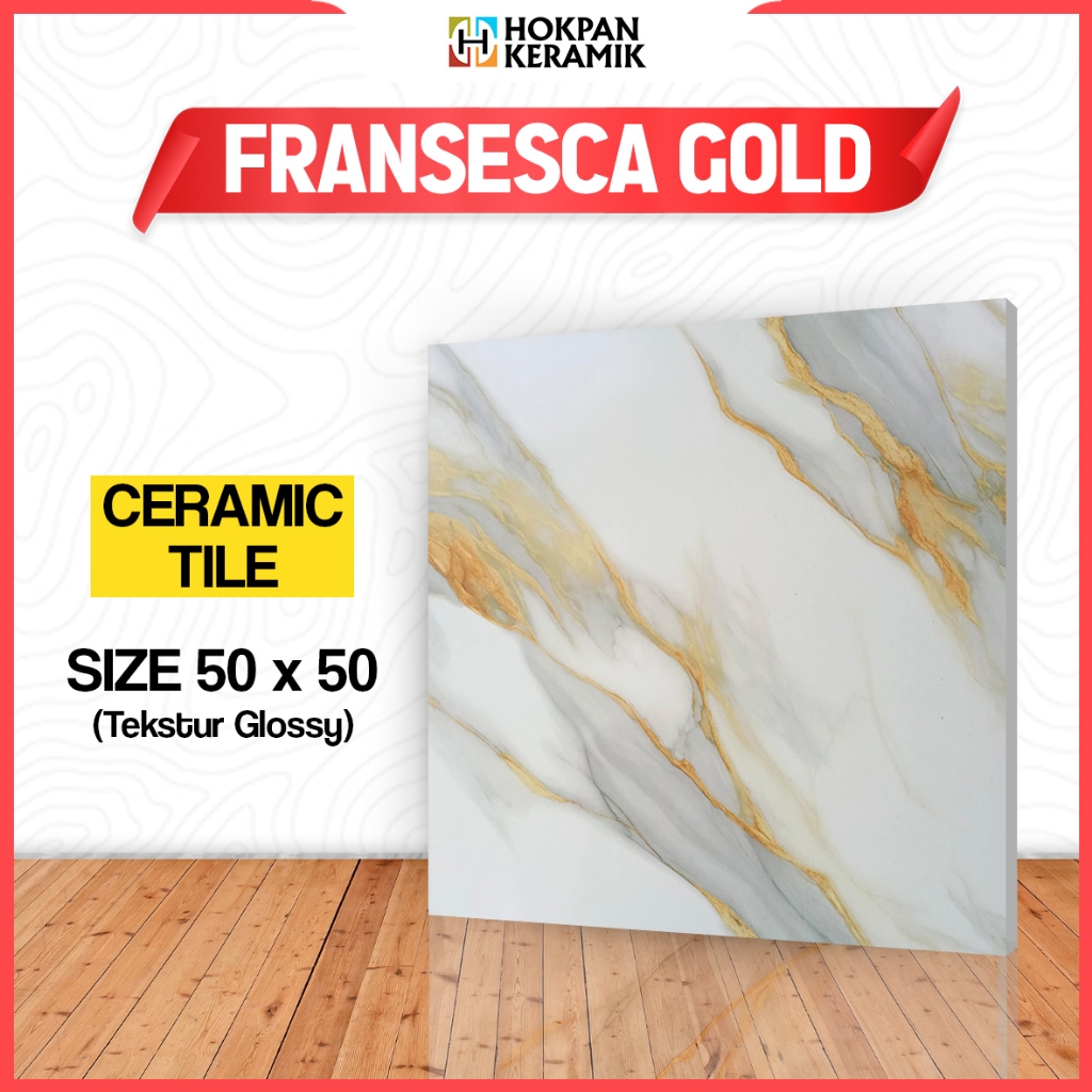 Keramik Lantai Ukuran 50x50 Motif Fransesca Gold Glossy - Hokpan Keramik