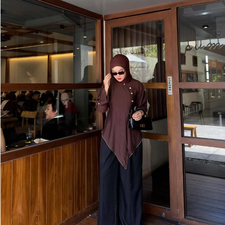 Hot Product Pola Wear Tunik Wanita Linen Kancing Side Bottom Long Asimetris Aruna