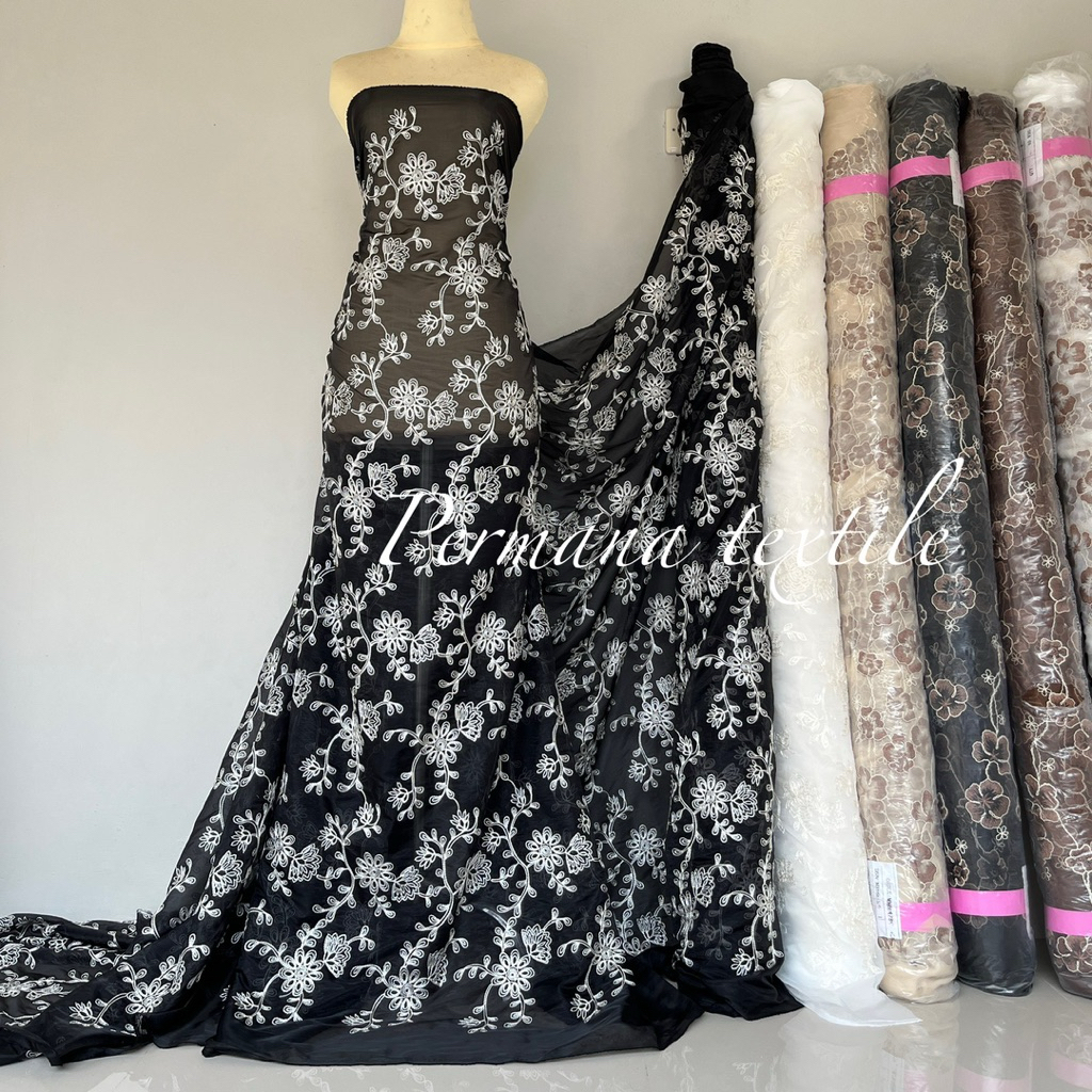 Kain Organza Silk Bordir Premium Motif Bunga Rambat | Bahan Super Halus, Ringan, Semi Sutra, Traspar