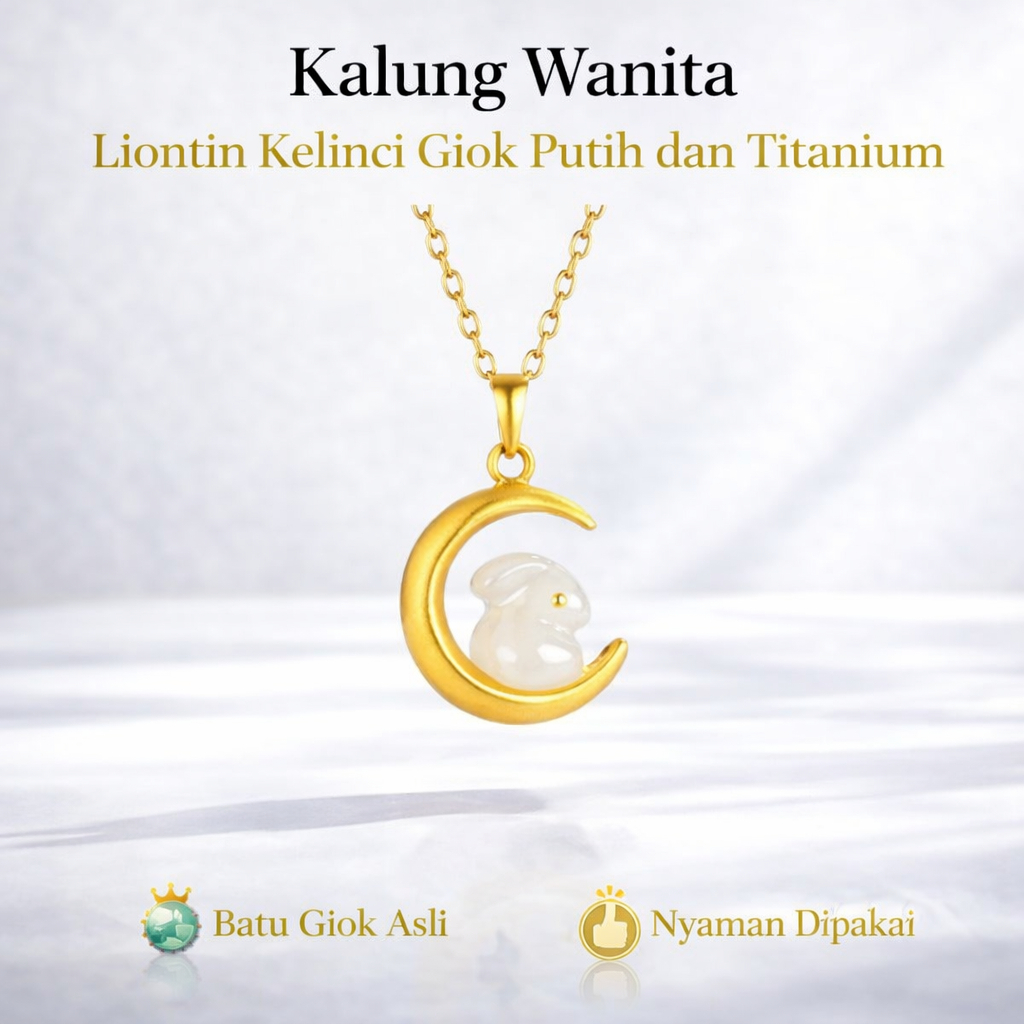 Kalung Wanita Giok Putih Asli | Liontin Kelinci Elegan | Rantai Titanium | Kalung Wanita Batu Alam