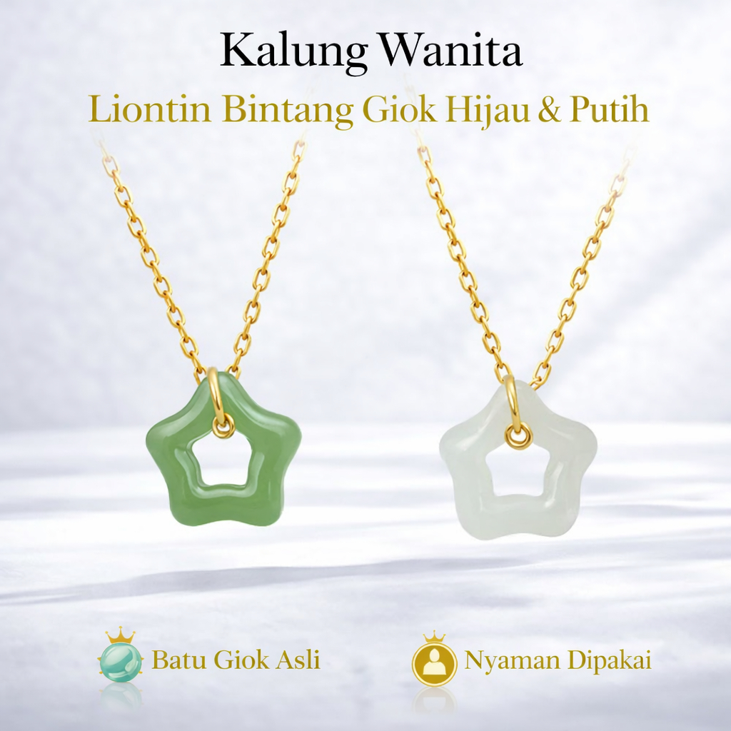 Kalung Wanita Giok Asli | Liontin Bintang Giok Hijau & Putih | Kalung Wanita Batu Alam