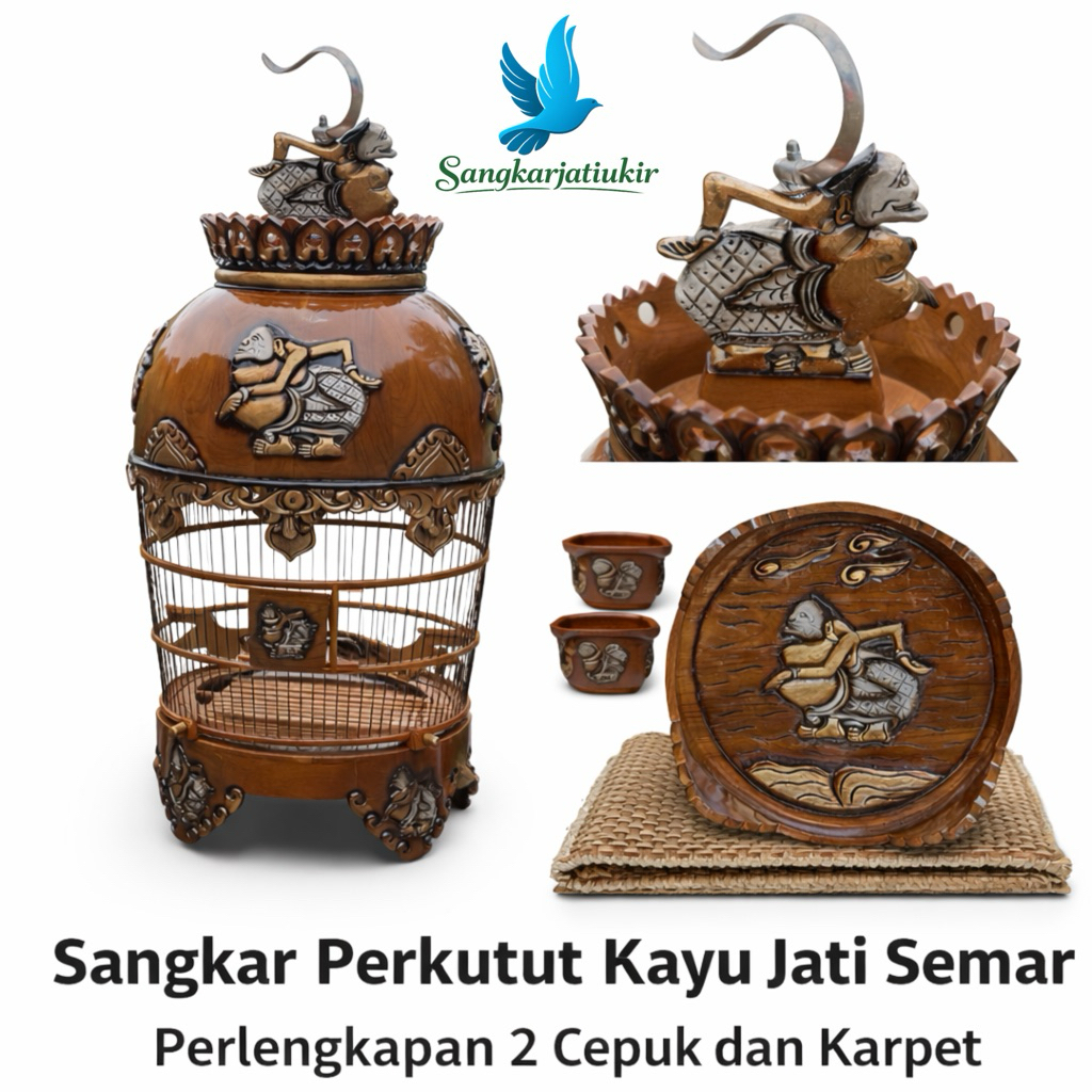 Sangkar Perkutut Kayu Jati Ukiran Semar | Full Ukir | Bonus 2 Cepuk & Karpet