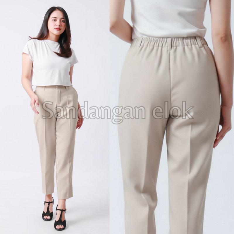 Celana Kerja Wanita Kantor Highwaist Pinggang Karet Belakang Bahan Semiwoll Celana Kantor Wanita Cel