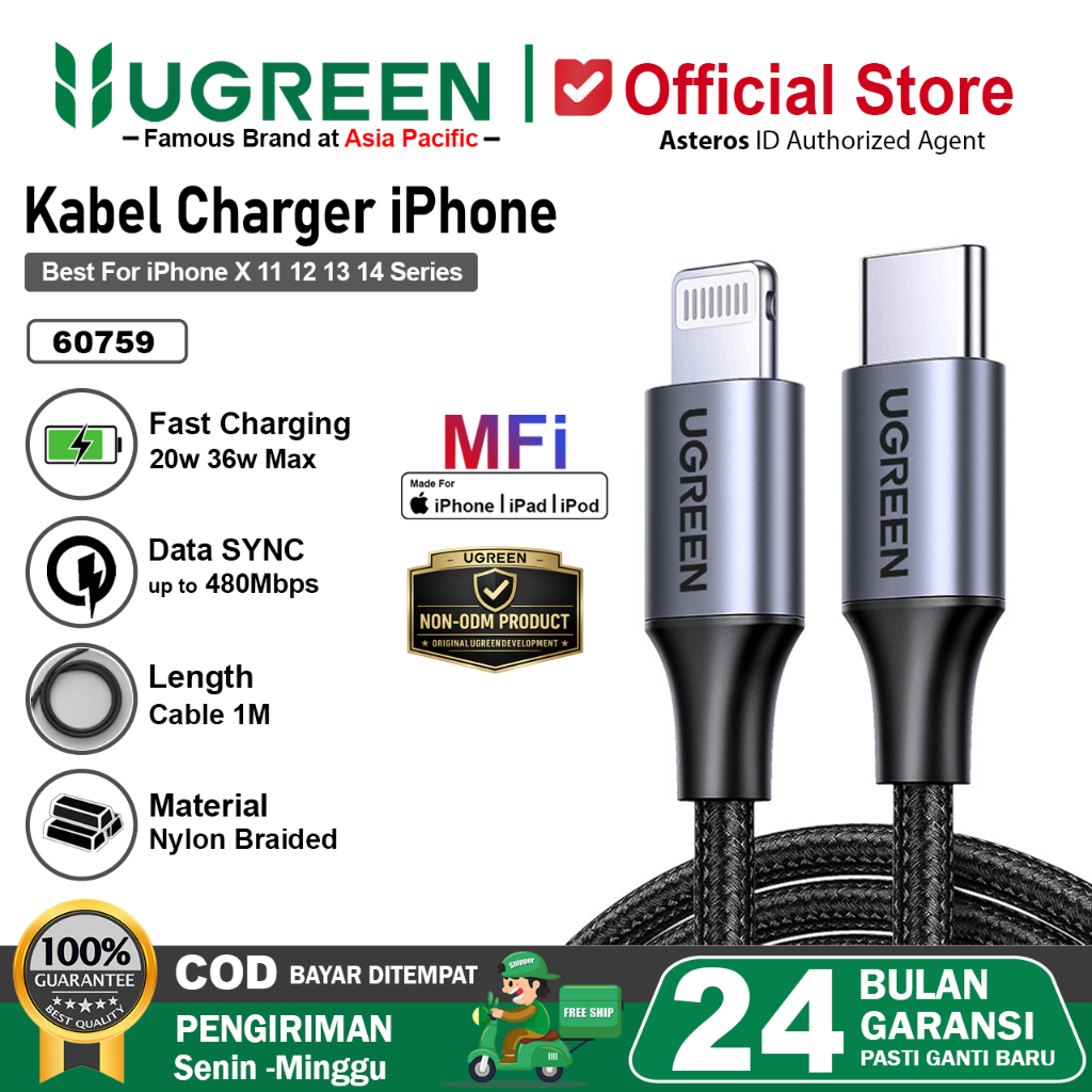 UGREEN Kabel Data MFi Fast Charging iPhone 14 13 12 11 Pro Max Charger USB Type-C To Lightning Nylon