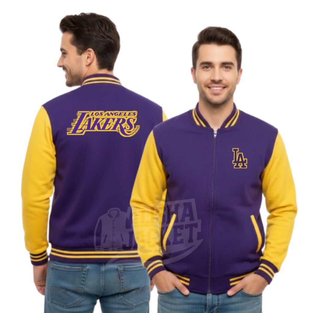 Jaket Varsity Resleting Sablon Los Angles LakerS Pria Wanita Jacket Baseball Zipper Ungu Kuning Unis