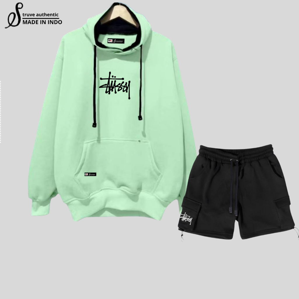 Stelan Oneset Hoodie Celana Pendek Pria Wanita Fleece Tebal Print Korean Style Unisex
