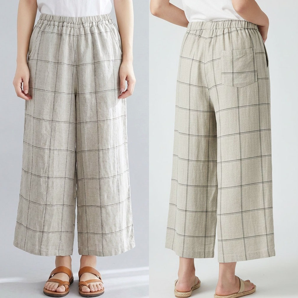 CELANA KULOT MAXI KATUN LINEN RAMI KREM KHAKI KOTAK GARIS HITAM KOREA IMPORT