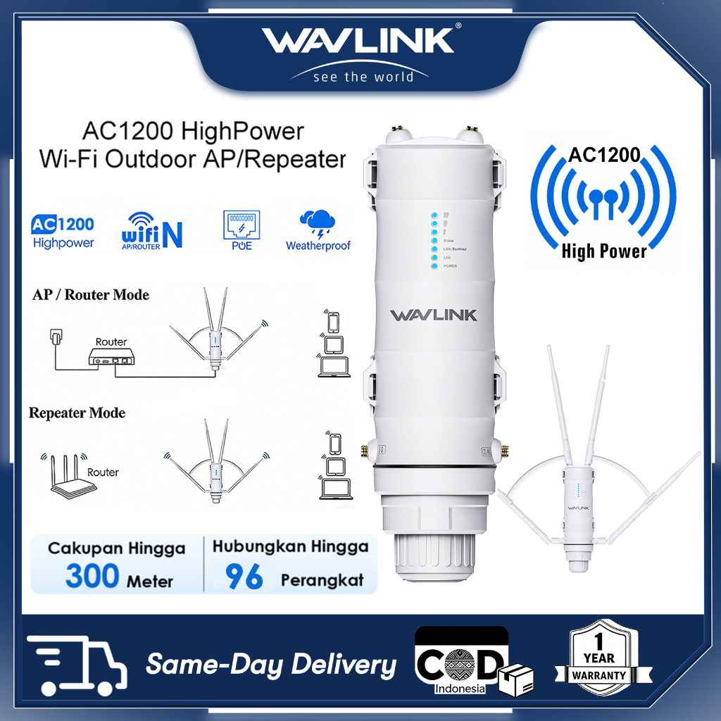 WAVLINK AC1200 Router Dual Band Outdoor Tahan Air, Penguat Jangkauan WiFi dengan Mode AP / Router / 