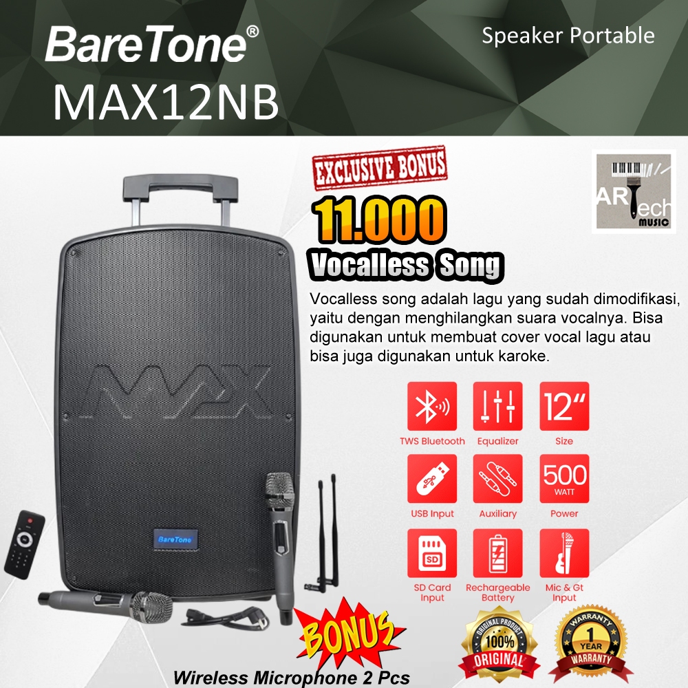 Baretone MAX12NB / MAX 12NB/ MAX 12 NB Speaker Portable Bluetooth 12inch