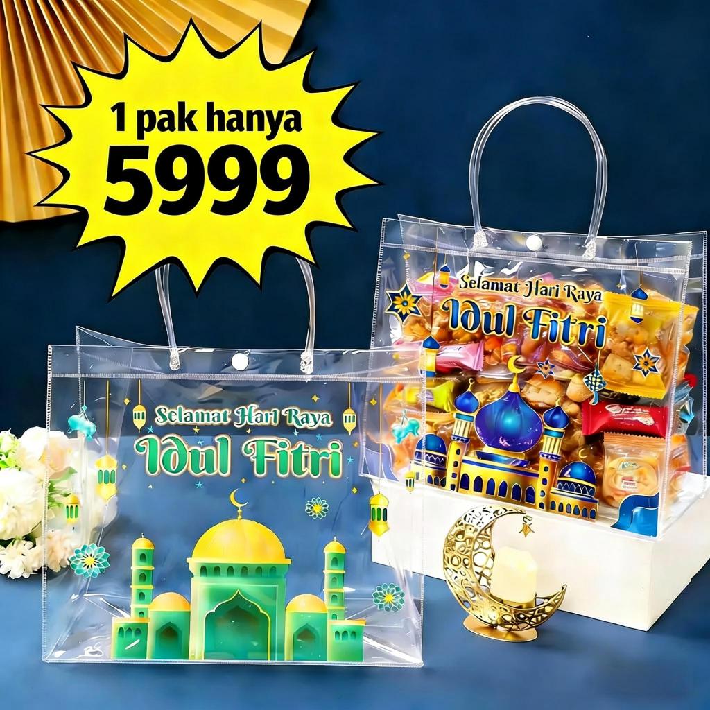 10Pcs Tas Hampers Lebaran Mika Transparan Bingkisan Hampers Tas Idul Fitri Lebaran Plastik Bening