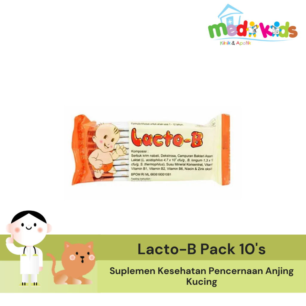 Lacto B Sachet Per Pack 10's - Vitamin Probiotik Pencernaan Anjing dan Kucing Hewan Kelinci