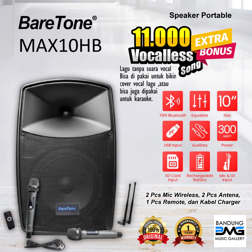 Baretone MAX10HB / MAX10HB / MAX 10 HB Speaker Portable Bluetooth 10inch