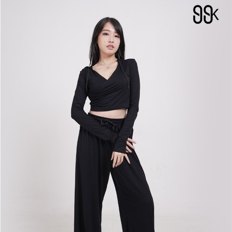 99kOUTLET One Set V Neck Long Sleeve Crop Top + High Waisted Soft Wide Leg Pants 1750 (S/M/L/XL)