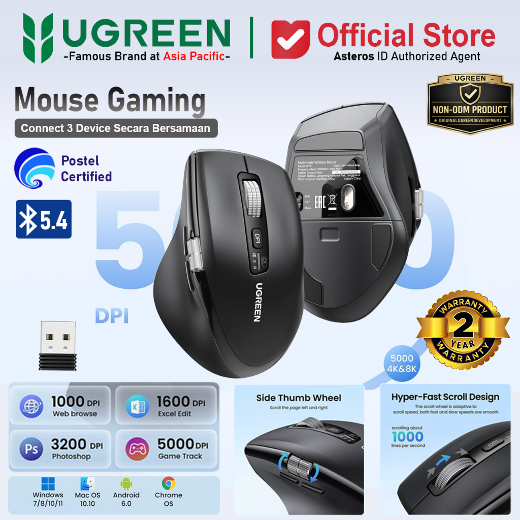 UGREEN Mouse Gaming Wireless Bluetooth 5.4 & 2.4GHz Dual Mode Hyper-Fast Scroll, Silent Click 5 Leve