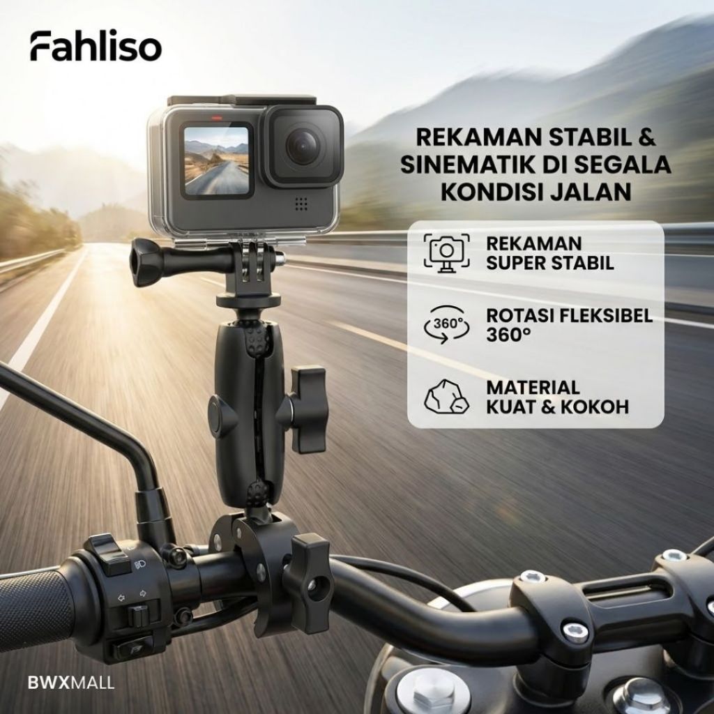 Bracket Mounting Kamera Stang Motor Jepit Fahliso FH 14 Clamp Holder Action Cam 360 Rotate Double Ba