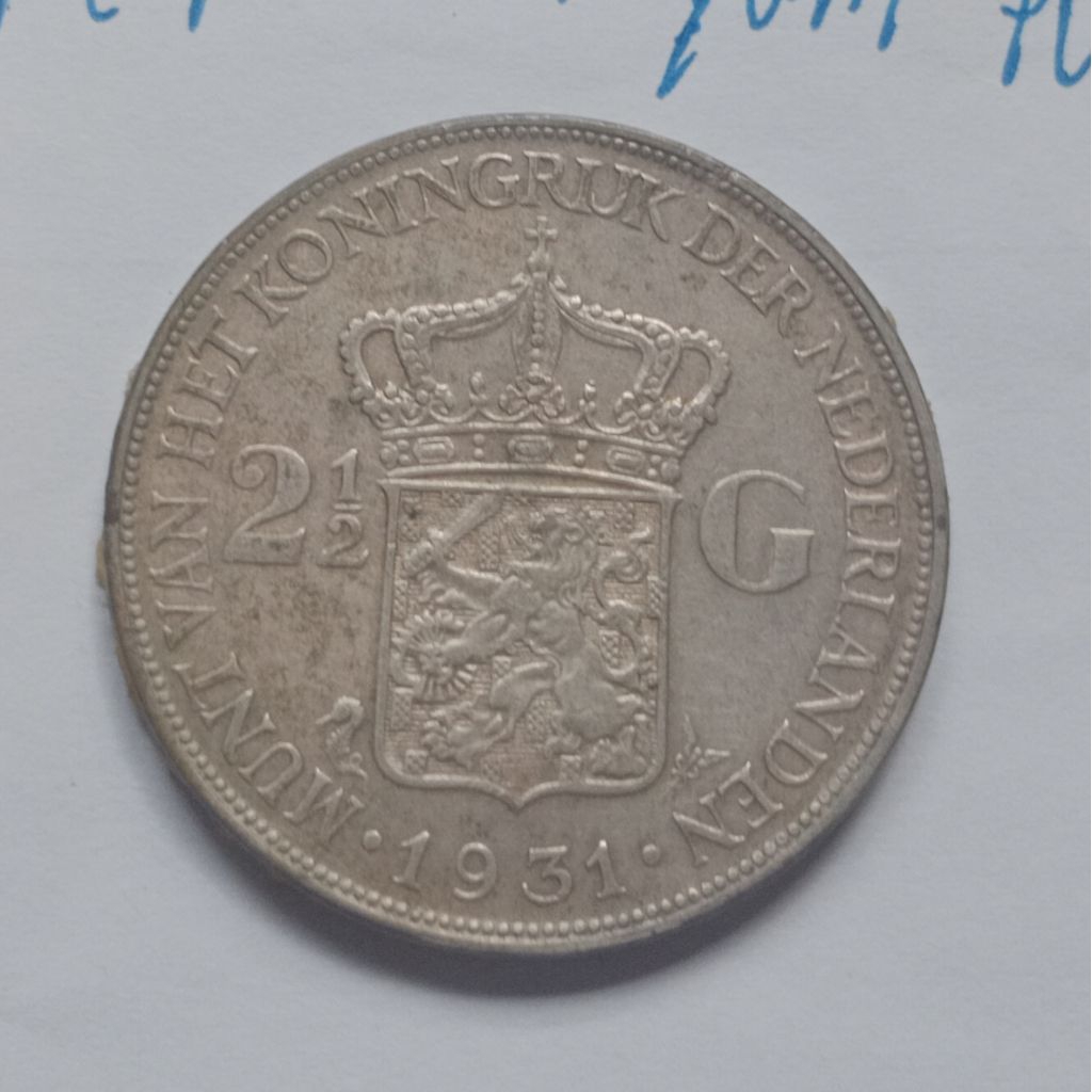 Koin Lama Belanda Mengandung Bahan Logam Perak Bergambar Ratu Wilhelmina Tahun 1931 Senilai 2 1/2 Gu