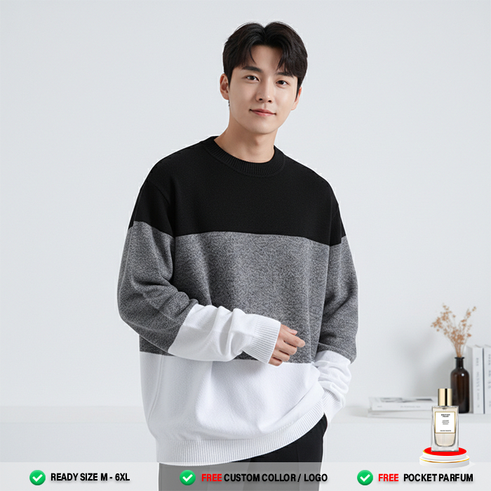 Sweater Pria Wanita ( HITAM ABU TUA PUTIH ) Stripe Crewneck | Sweater Polos Casual Lengan Panjang Pr