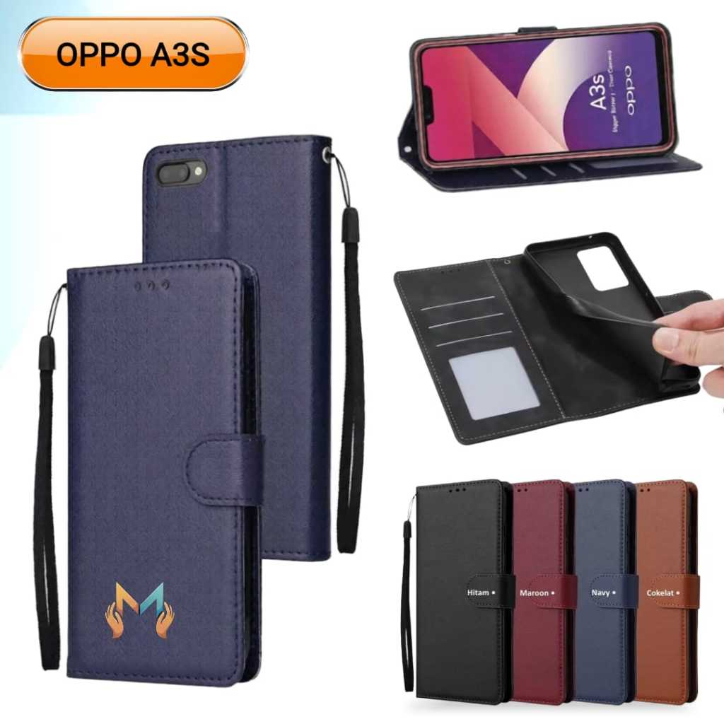 Flip Case Leather OPPO A3s Casing Dompet Kulit Buka Tutup