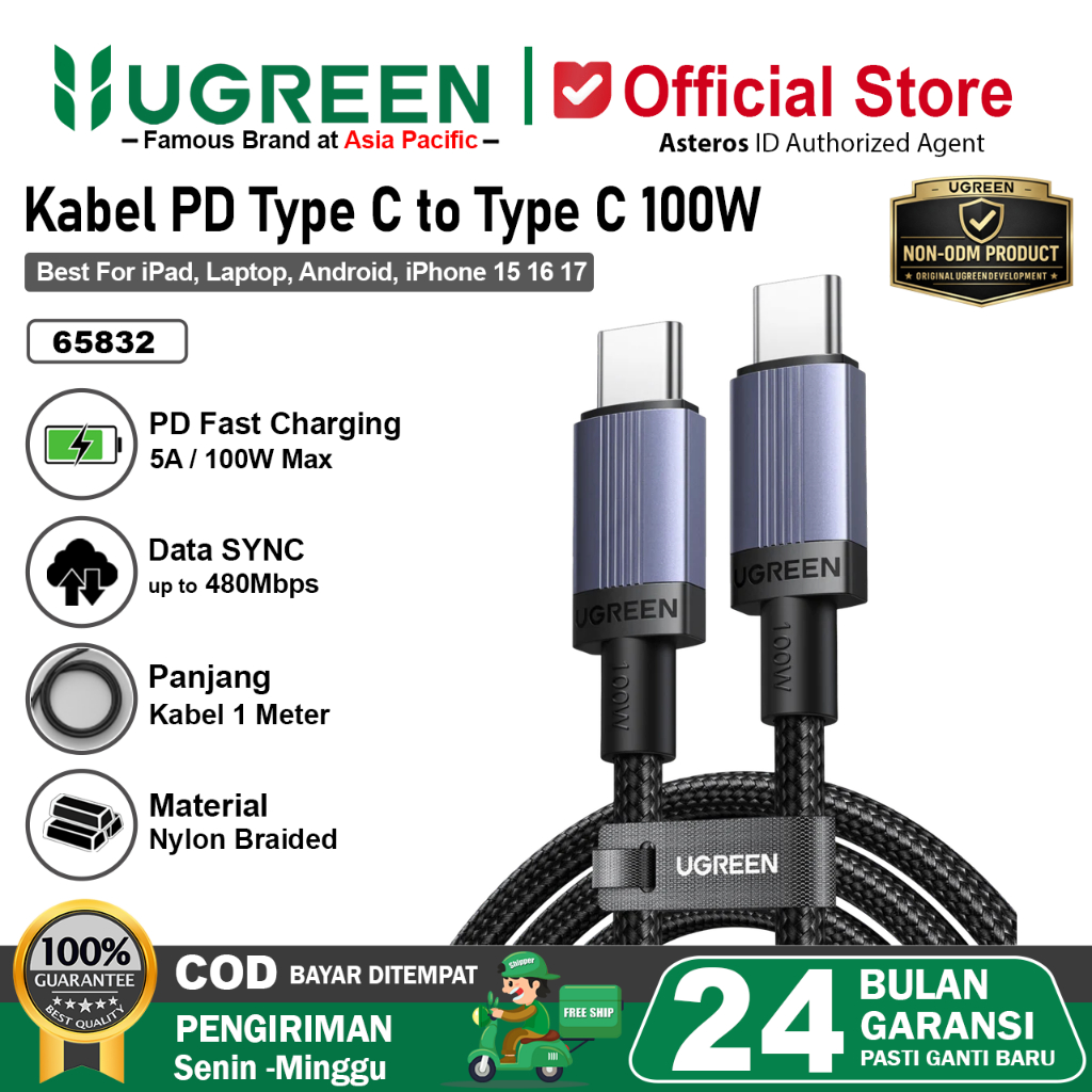 UGREEN Kabel Data Type C to Type C 100W Fast Charging PD 2.0 3A 5A 6583 1 Meter 2 Meter 3 Meter
