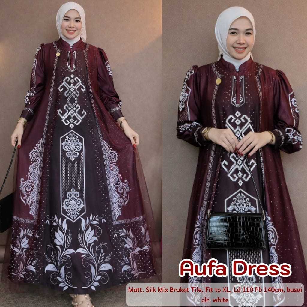 Aufa Dress Wanita Muslimah Premium Motif Etnik Elegan | Gamis Silk Mix Brukat Tile Busui Friendly Fi