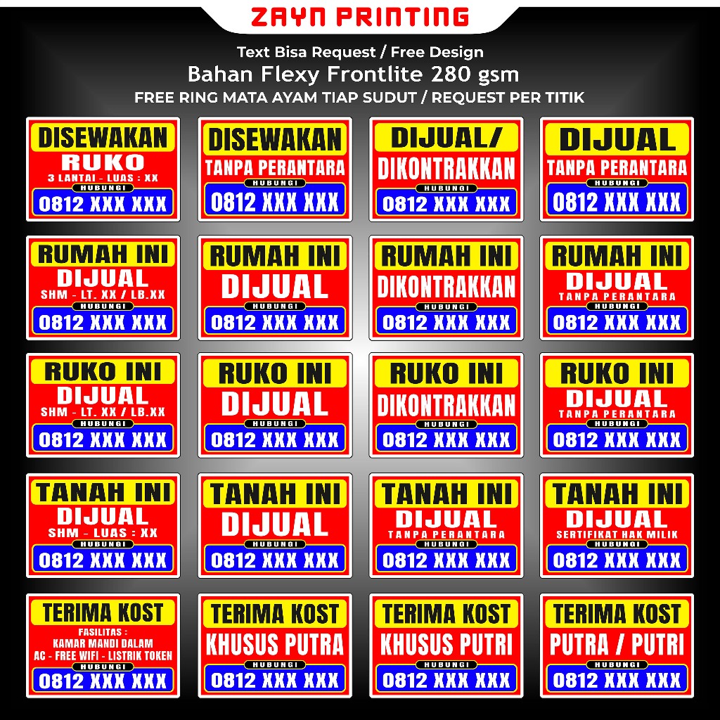 CETAK SPANDUK RUMAH || TANAH || KOST || DISEWAKAN || DIKONTRAKAN || SPANDUK MURAH || SPANDUK CUSTOM