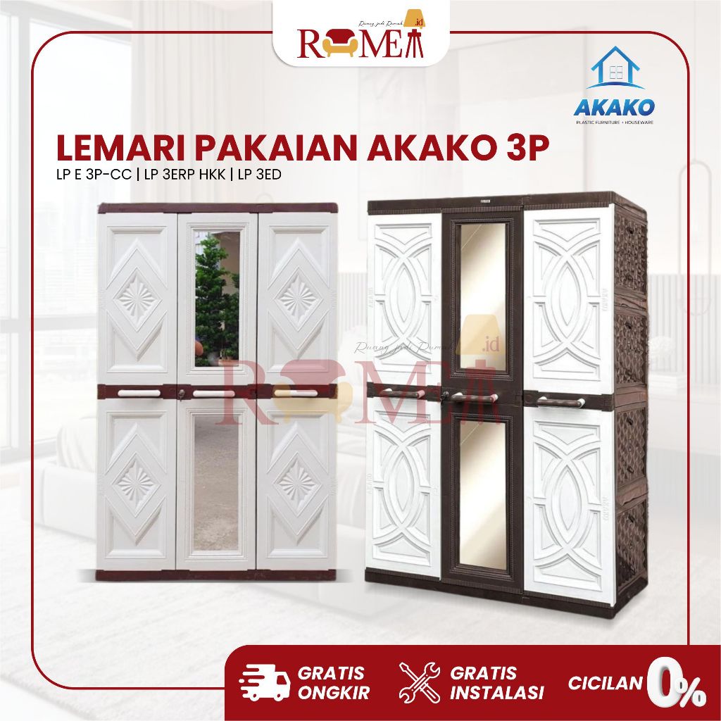 Rumea - Lemari Pakaian Plastik AKAKO 3 Pintu Full Kaca & Kunci | Motif Classic & Elegant | Ukuran 10