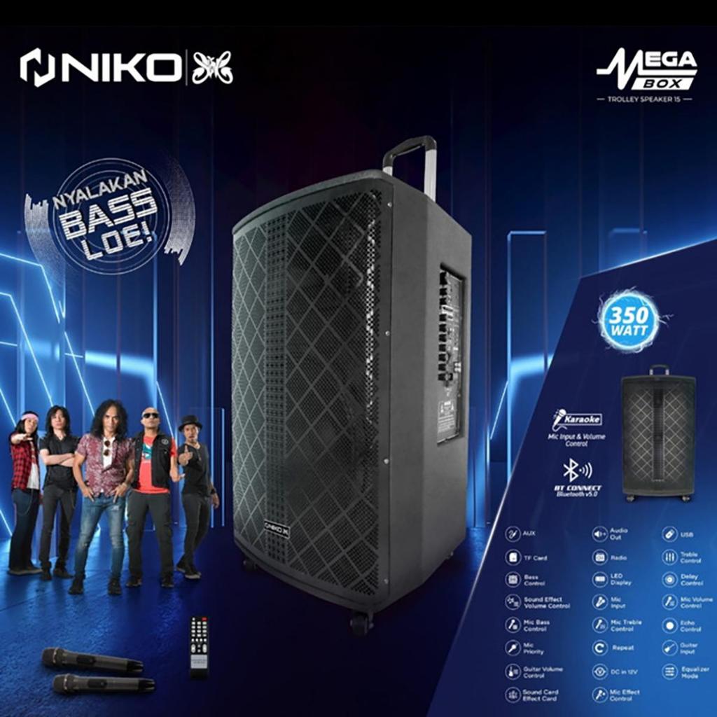 Speaker trolley portable meeting Niko Mega Box 15 inch 2 mic wireless high power istimewa