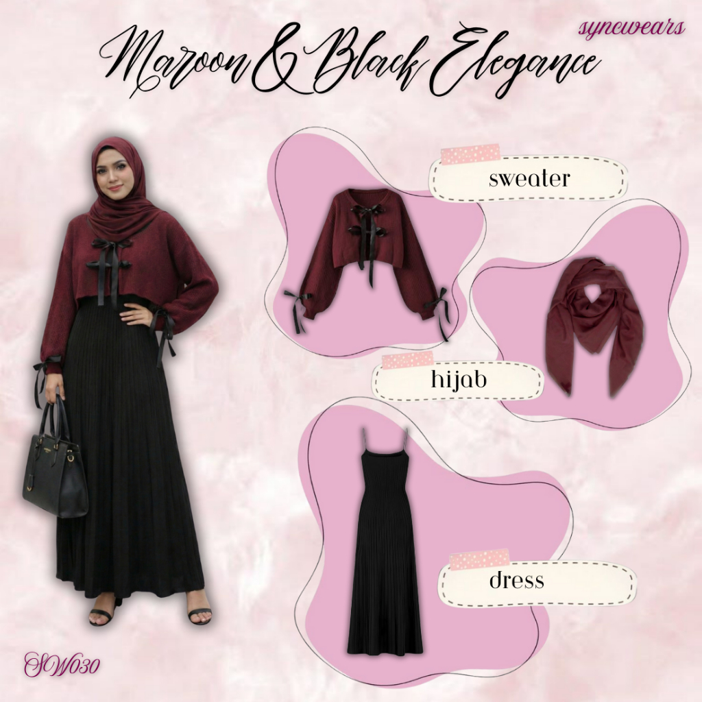 One Set 3in1 OOTD Hijab Kekinian | Hijab + Sweater + Dress | Maroon & Black Elegance - SW030