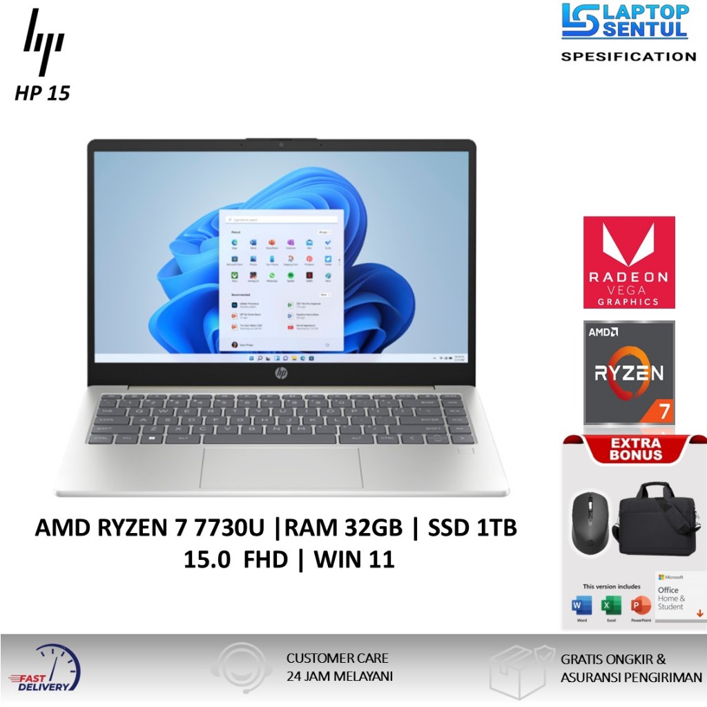 Laptop Gaming Hp 15 - AMD RYZEN 7 7730U 32GB 1TB SSD FHD IPS Touch Windows 11 Office 2024 Silver