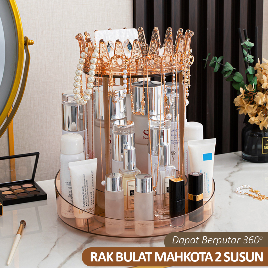 NEW Rak Make Up Perhiasan Bulat Mahkota Putar 360° Aesthetic Rack Tempat Kosmetik Kalung Cincin Gela