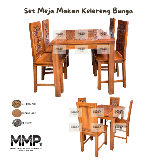 Set Meja Makan Jati Motif Kelereng Bunga | Set Meja Makan Jati Jepara Asli Murah Palembang