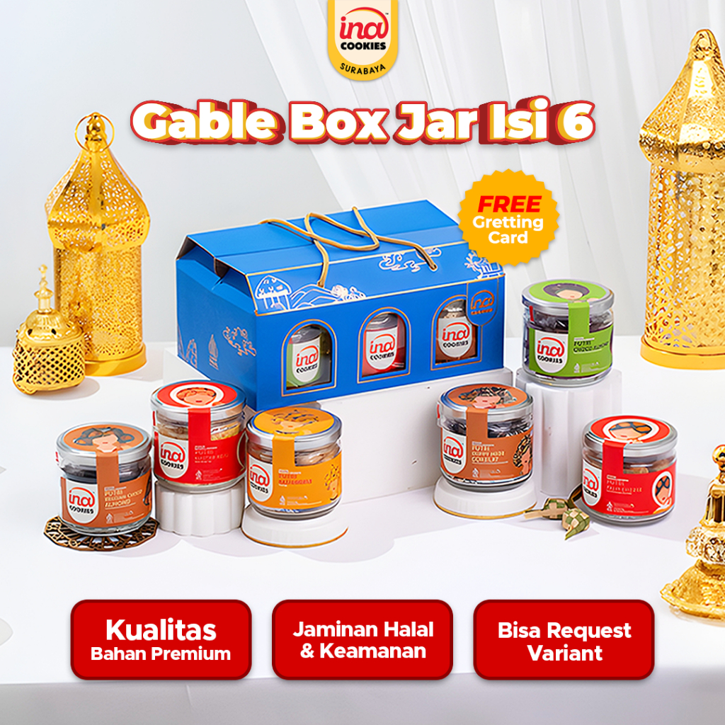 Parcel Lebaran INA COOKIES Surabaya – Gable Box Isi 6 Jar Hampers Idul Fitri Kue Kering Premium