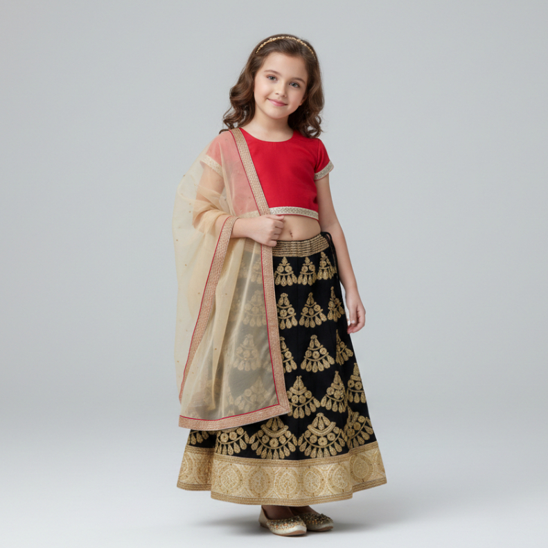 Lehenga India Anak Rok Bahan Bludru Bordiran Mas Full