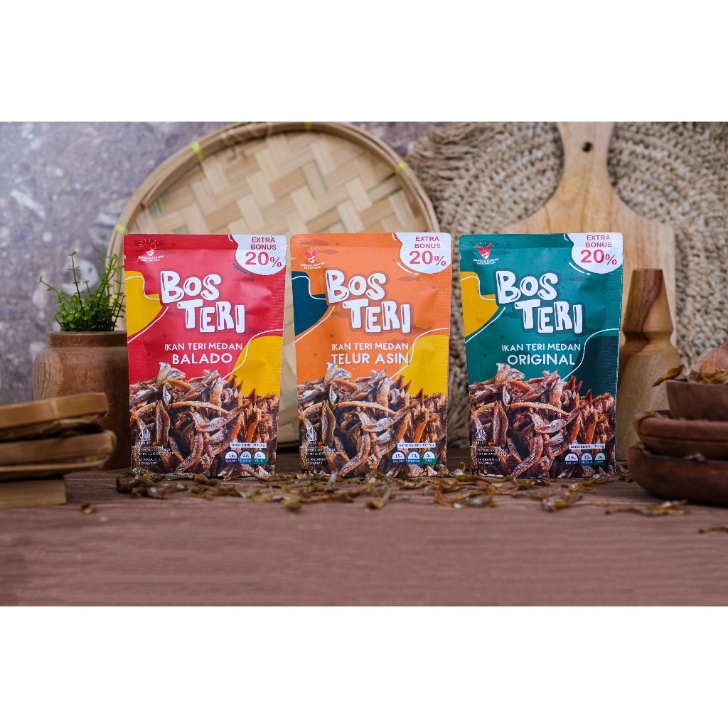 BosTeri Ikan Teri Medan Krispi Siap Saji 3 Varian Rasa Original Balado dan Telur Asin