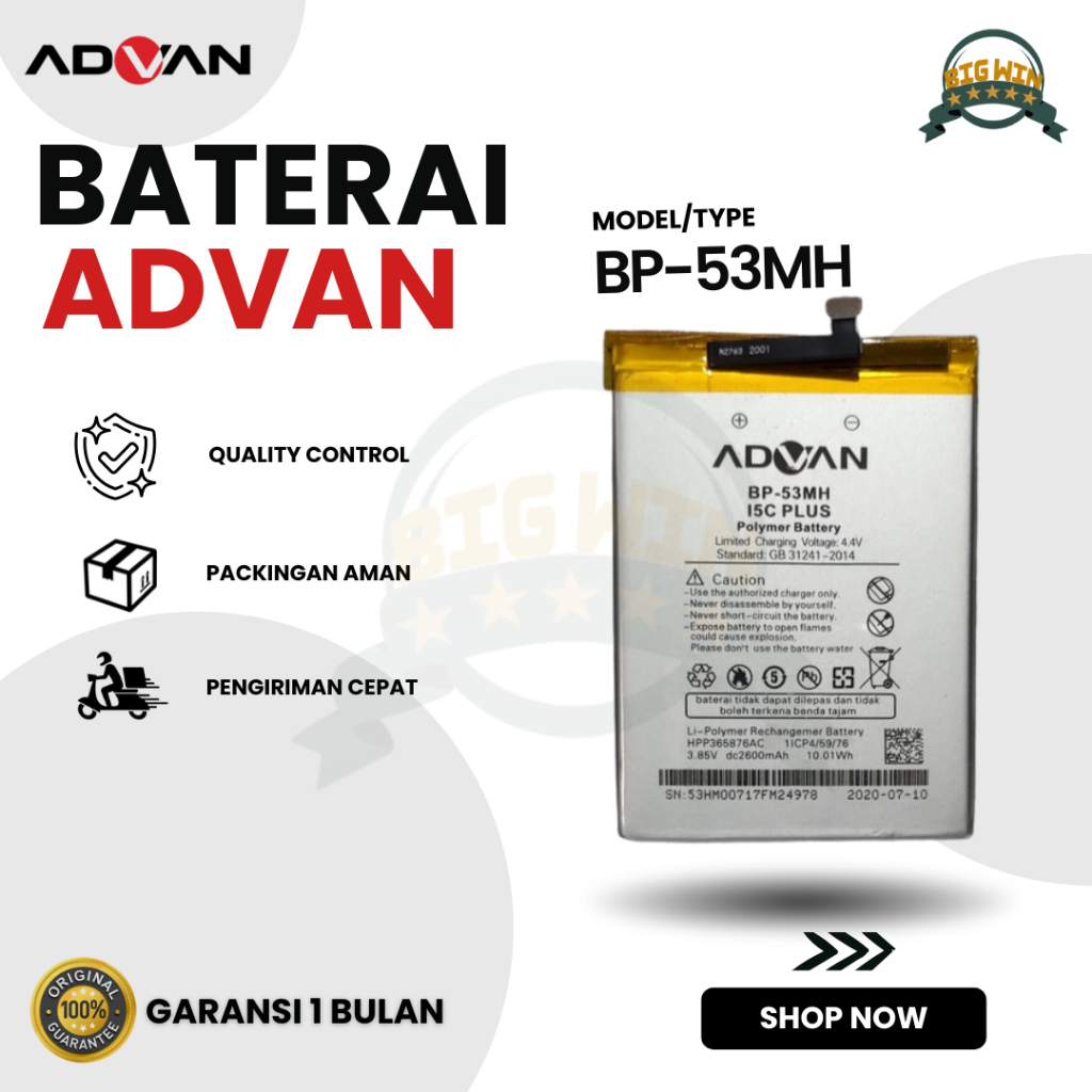 BATERAI BATTERY ADVAN BP-53MH ADVAN G1 / G1 PLUS / I5C PLUS DOUBLE [IC POWER] ORIGINAL
