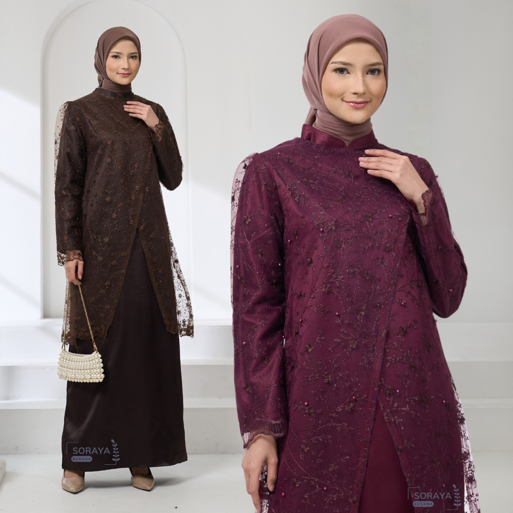 Gamis Satin Valia Kombinasi Outer Brokat Panjang | Seragam Lebaran Bridesmaid Wisuda Muslimah