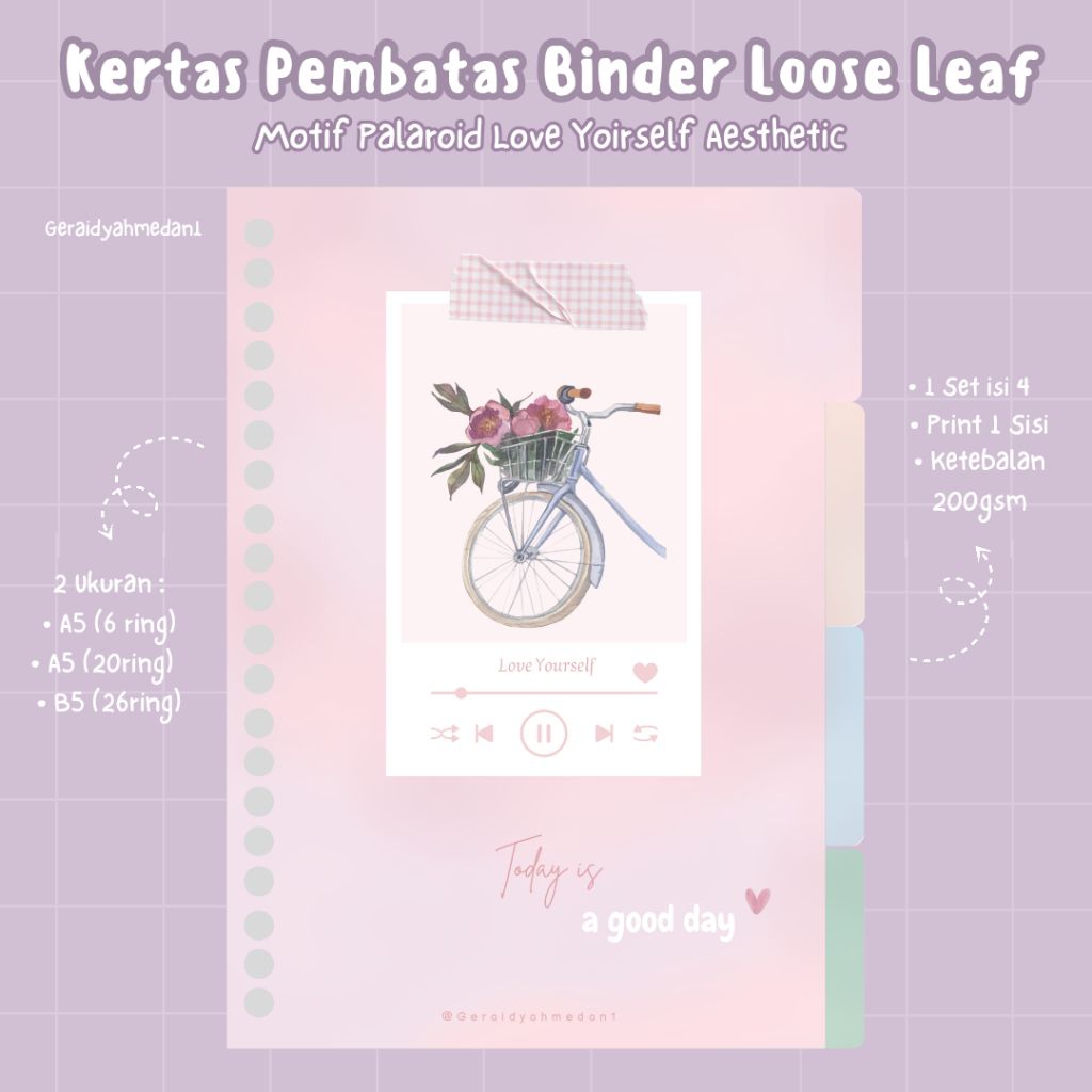 Kertas Pembatas Binder Loose Leaf A6 A5 B5 Motif Palaroid Love Yourself Aesthetic