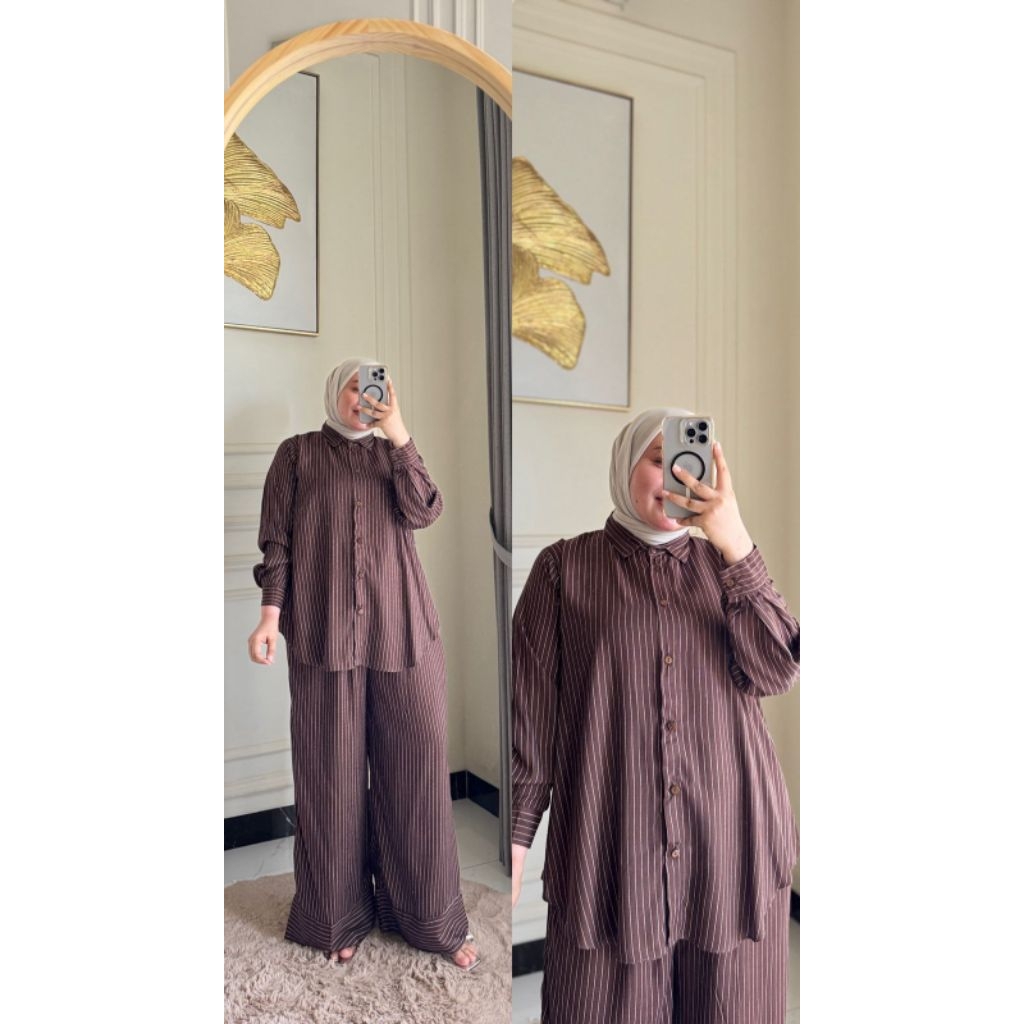 Oneset emely/ oneset kemeja jumbo oversized motif garis garis salur setrip/ setelan kemeja wanita ke
