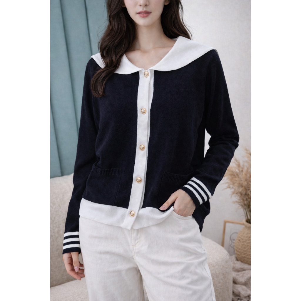 GAURA outer/cardigan rajut premium wanita impor motif garis hitam putih