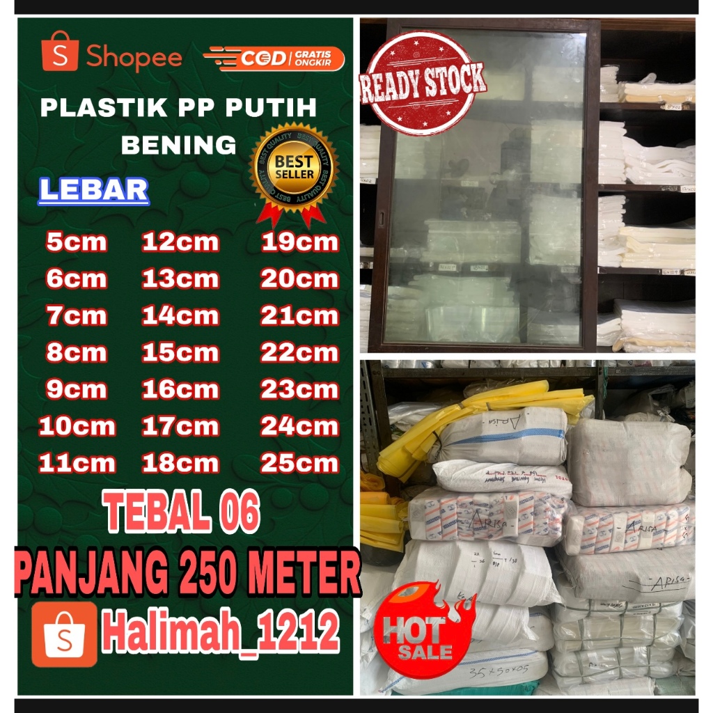 Plastik PP Roll Putih Bening Tebal 06 Lebar 5cm Sampai 25cm (Dua Layer)  Panjang 250M