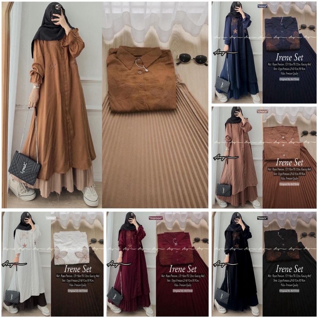irene setelan midi dress dan rok plisket by A.N.Y gamis silk mewah dress rayon premium long tunic ko