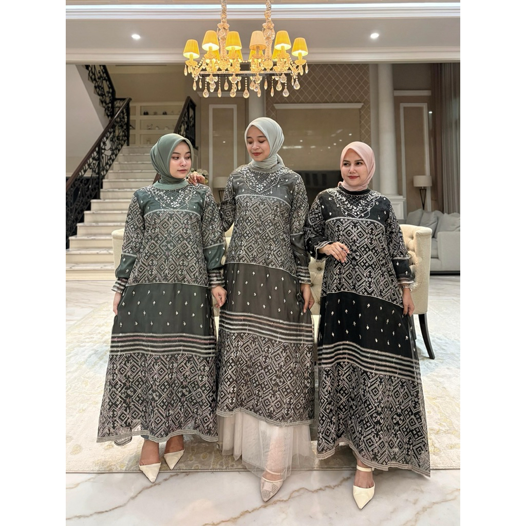 Midi dress bahan organza bordir premium mix  armanisilk (model menyatu) + fayet (midi dress saja) Mo