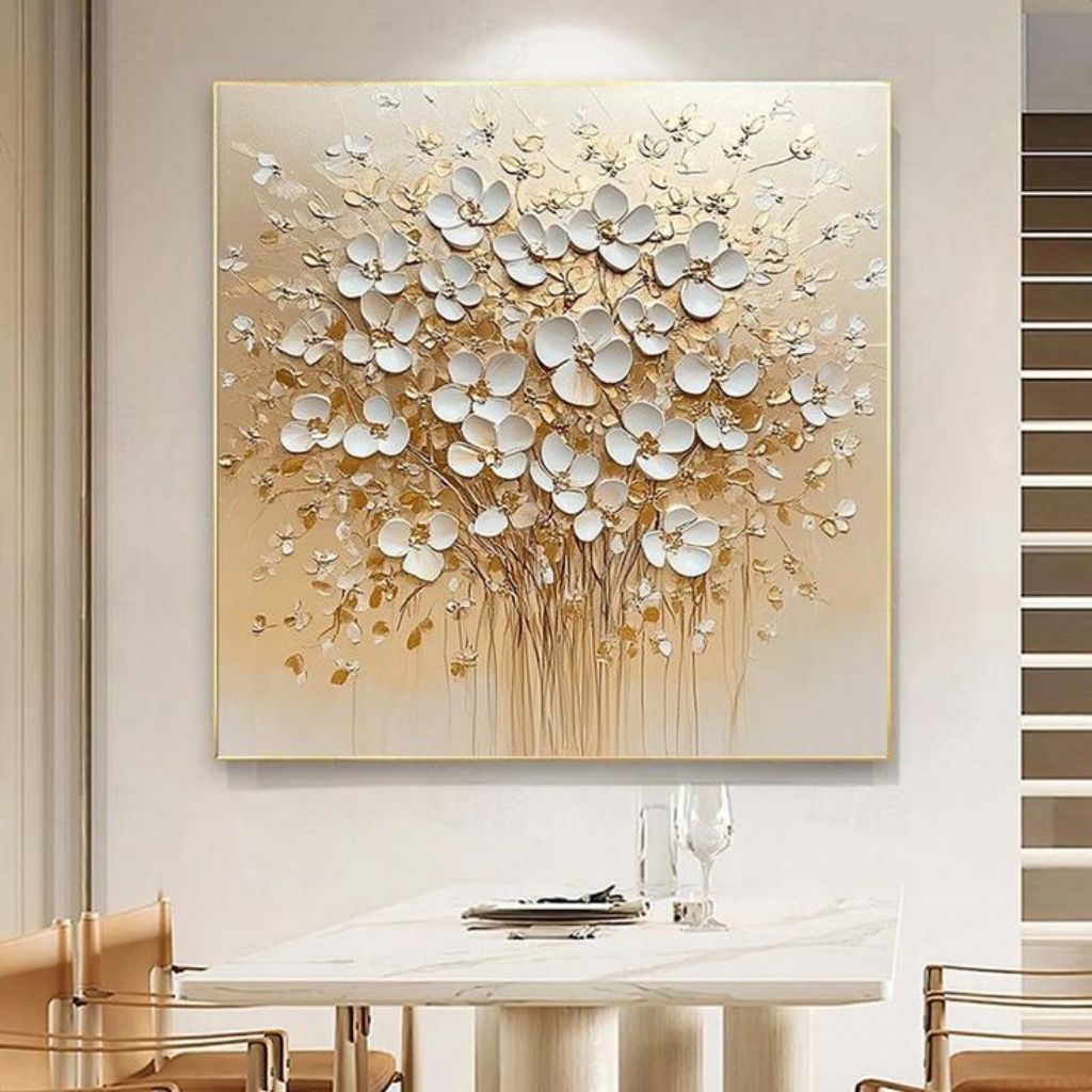 Lukisan Dinding Bunga Mewah | Hiasan Dinding Bunga Gold | Wall Art Texsture Premium
