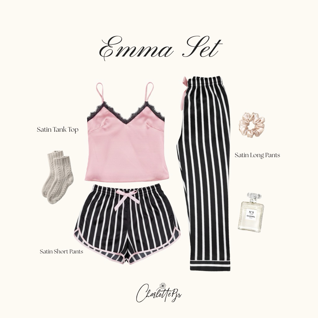 CHARLOTTE - New Emma set Piyama Baju tidur Tanktop Lingerie Celana Panjang Pendek Satin Silk Salur S