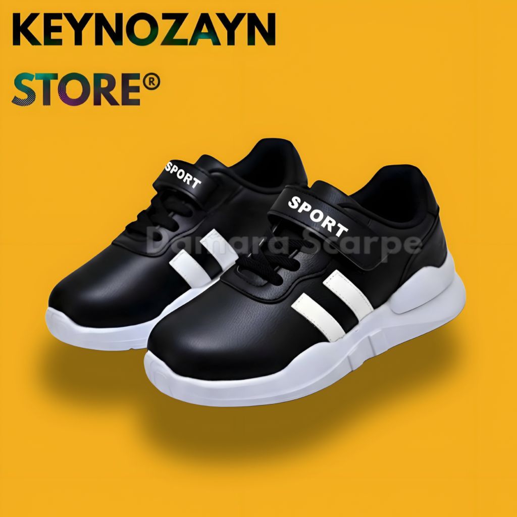 Sepatu Sneakers Sekolah Anak Anak Levin Sport Fashion Hitam Bergaris Putih