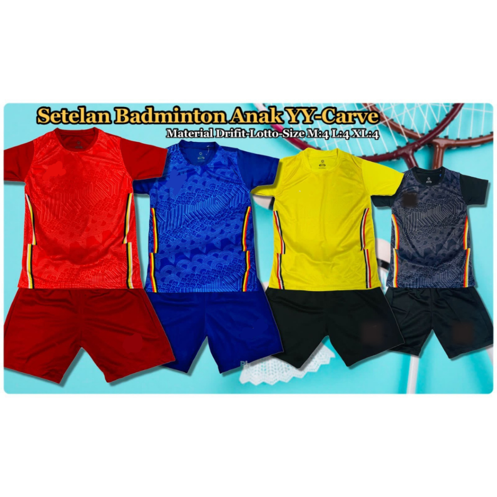 12 SET - YY CARVA / Setelan Badminton Anak / Kaos Badminton Anak / Baju Badminton Anak / Setelan Bul