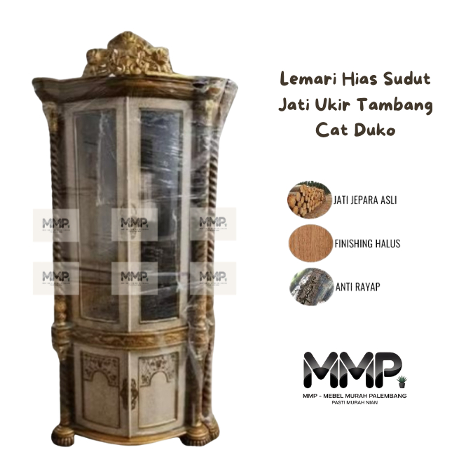 Lemari Hias Sudut Jati Ukir Tambang Cat Duko | Lemari Hias Jati Jepara Asli Murah Palembang