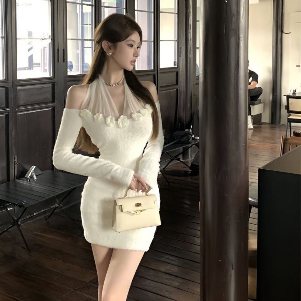 Midi Bodycon Dress Pressbody Wanita Gaun Sabrina Top Lengan Panjang Sexy Elegan