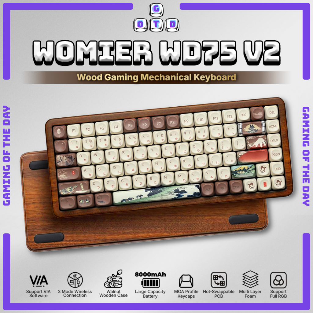 Womier WD75 V2 Ukiyo E Walnut Wooden Mechanical Keyboard 75% Wireless support VIA Tray Mount MOA pro